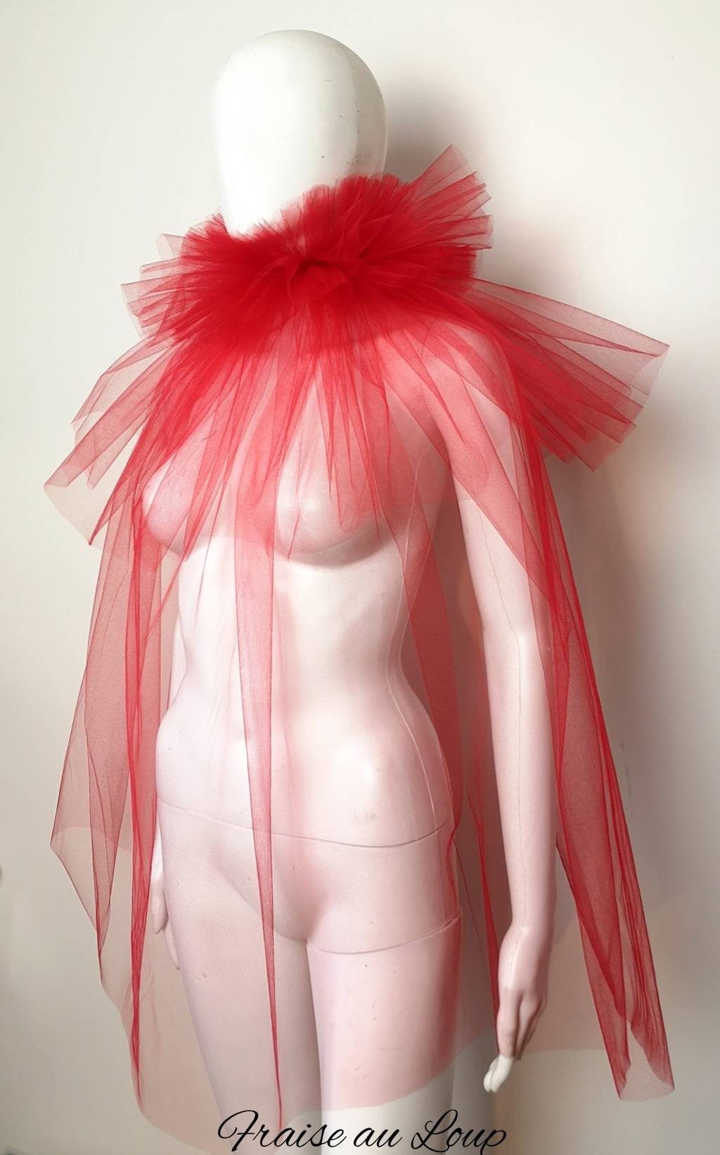 Col fraise en tulle rouge - Pierrot costume - col renaissance - cape- clown- unisexe - burlesque