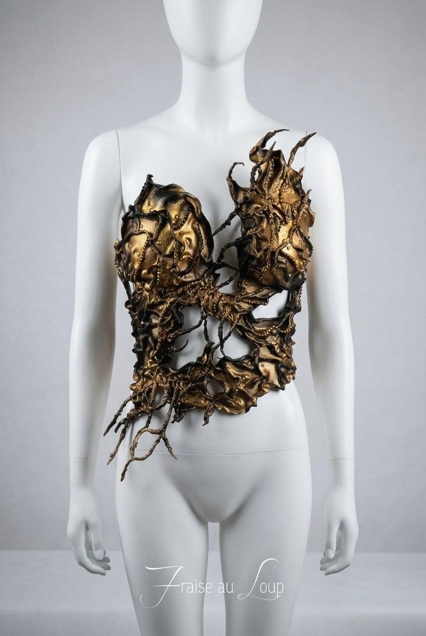 Buste Armure Végétale Or et Noir | Corset Organique Sculpté Fait Main | Costume Dryade, Sorcière, GN et Fantasy | Pièce Unique