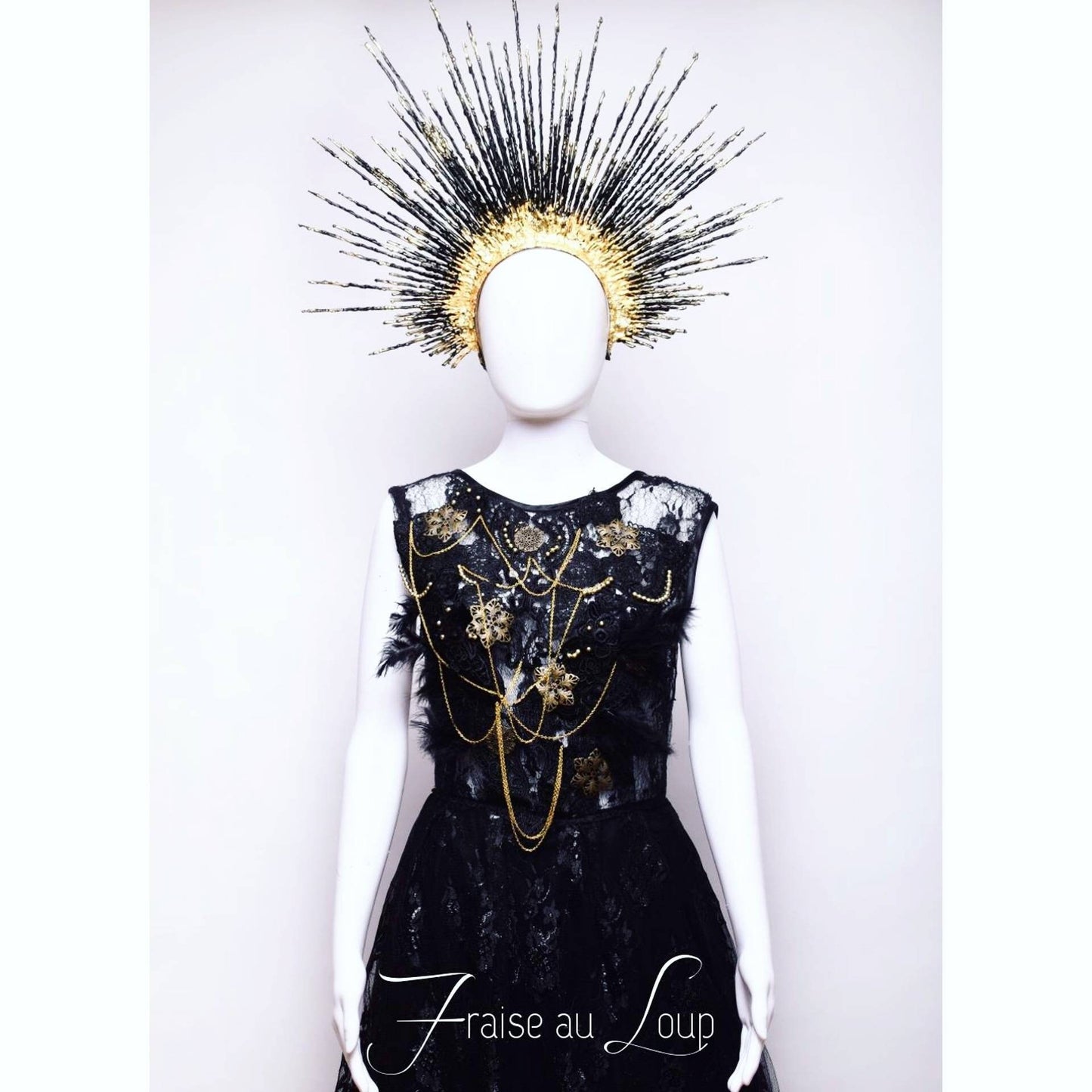 Coiffe Madone Halo Dark Couronne or & Noir Bijou Headdress Showgirl Cabaret
