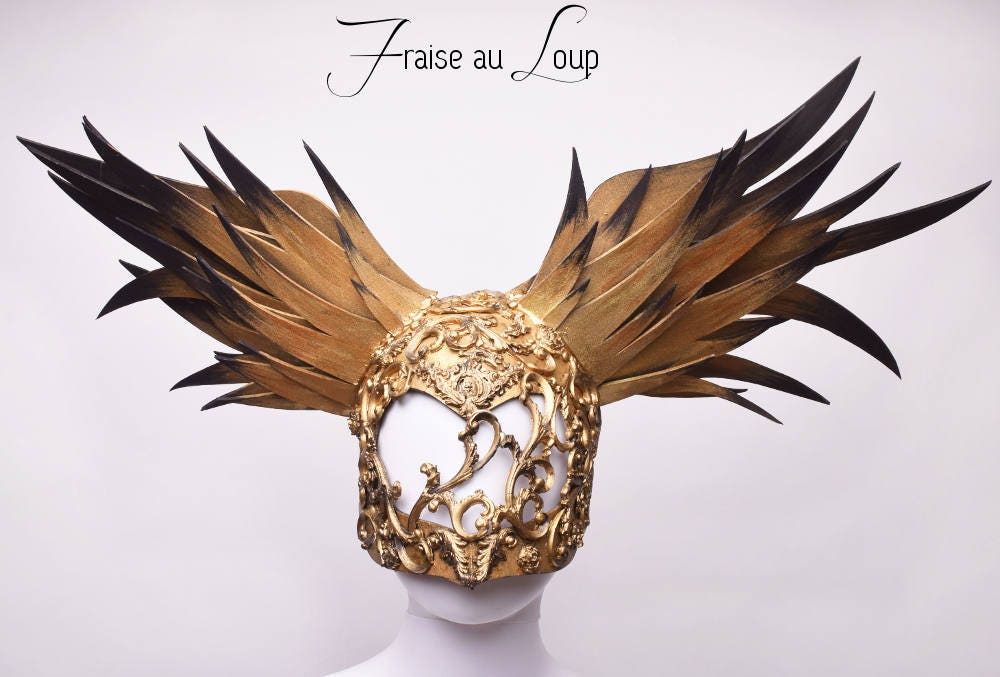 Masque Valkyrie - Headpiece Fraise au Loup - Baroque - Wings - or - Bal - Cosplay
