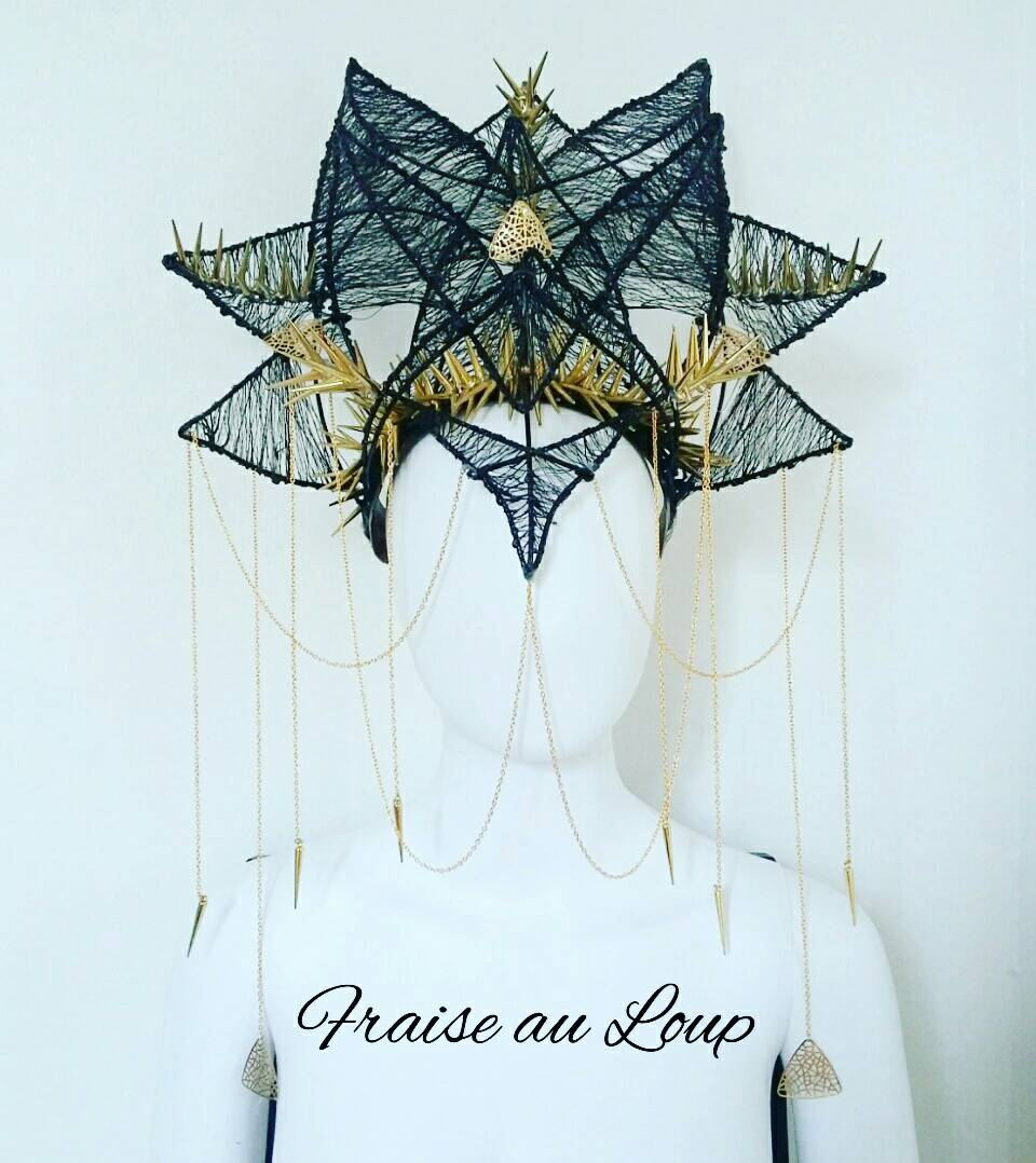 Coiffe Madone Halo Dark Couronne Noire et Or Bijou Headdress Showgirl Cabaret