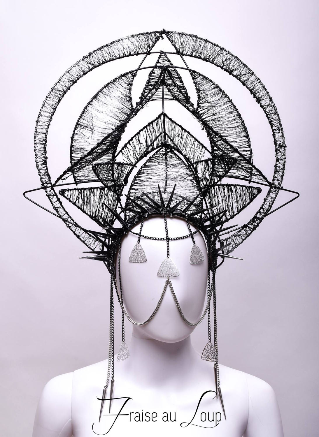 Coiffe Madone Halo Dark Couronne Noire et Argent Bijou Headdress Showgirl Cabaret