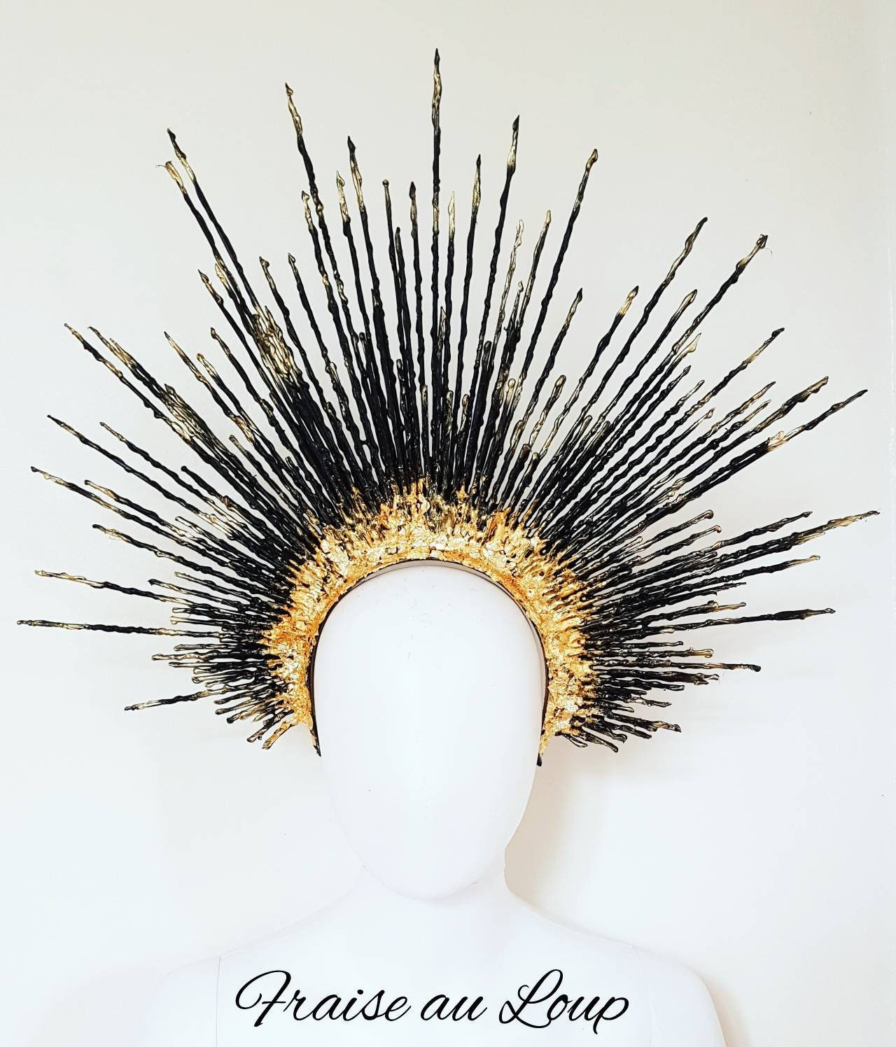 Coiffe Madone Halo Dark Couronne or & Noir Bijou Headdress Showgirl Cabaret