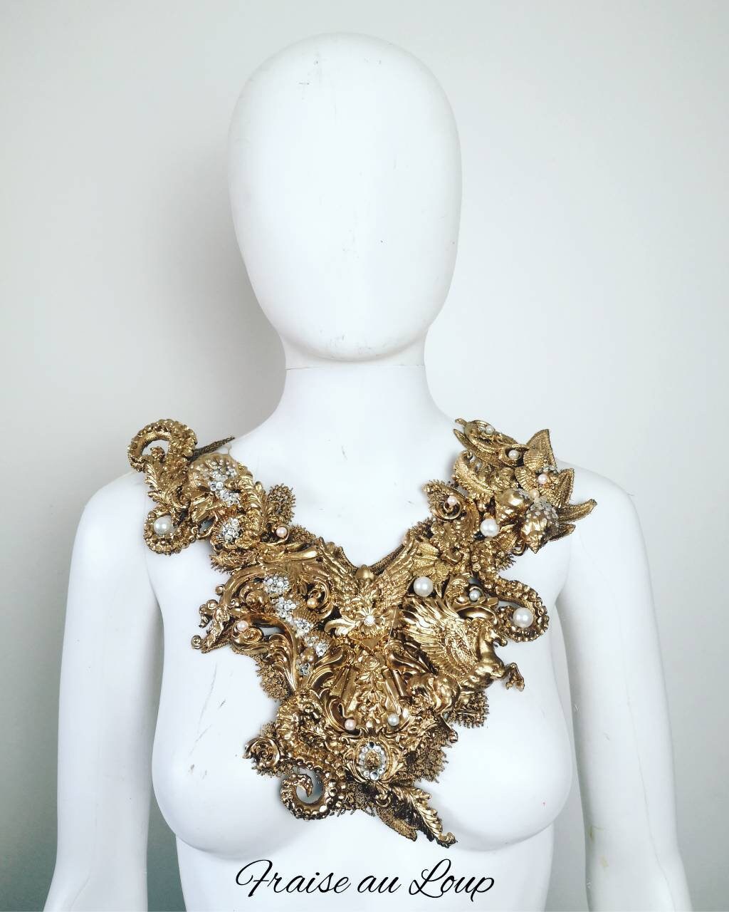 Collier Plastron or, bijou, rococo, filigrane, bijou, met gala, mode alternative, ornements baroques Sirène Perles