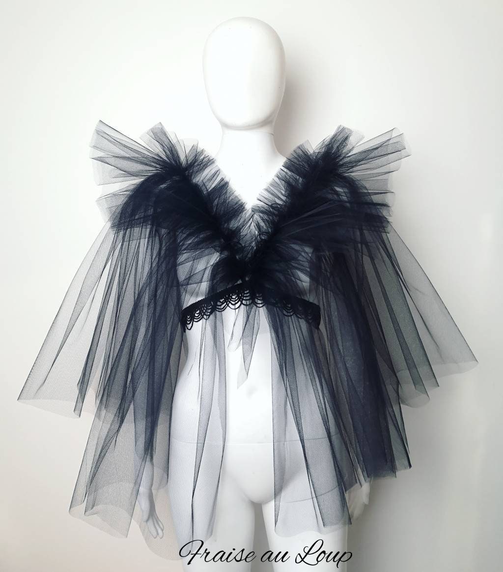 Col fraise en tulle noir - Pierrot costume - col renaissance - clown- unisexe - burlesque - Harnais - Epaulettes lingerie