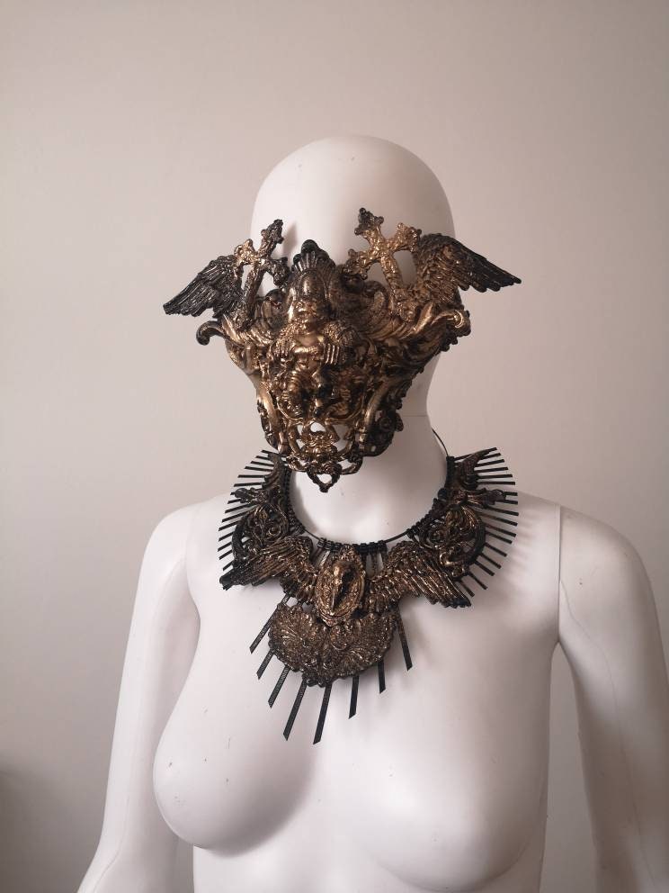 Masque baroque, bijou, rococo couture fashion, filigree, Baroque Fantasy Valkyrie Steampunk, anges croix goth