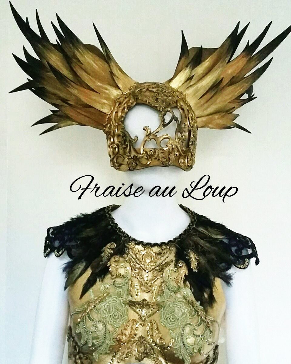 Masque Valkyrie - Headpiece Fraise au Loup - Baroque - Wings - or - Bal - Cosplay