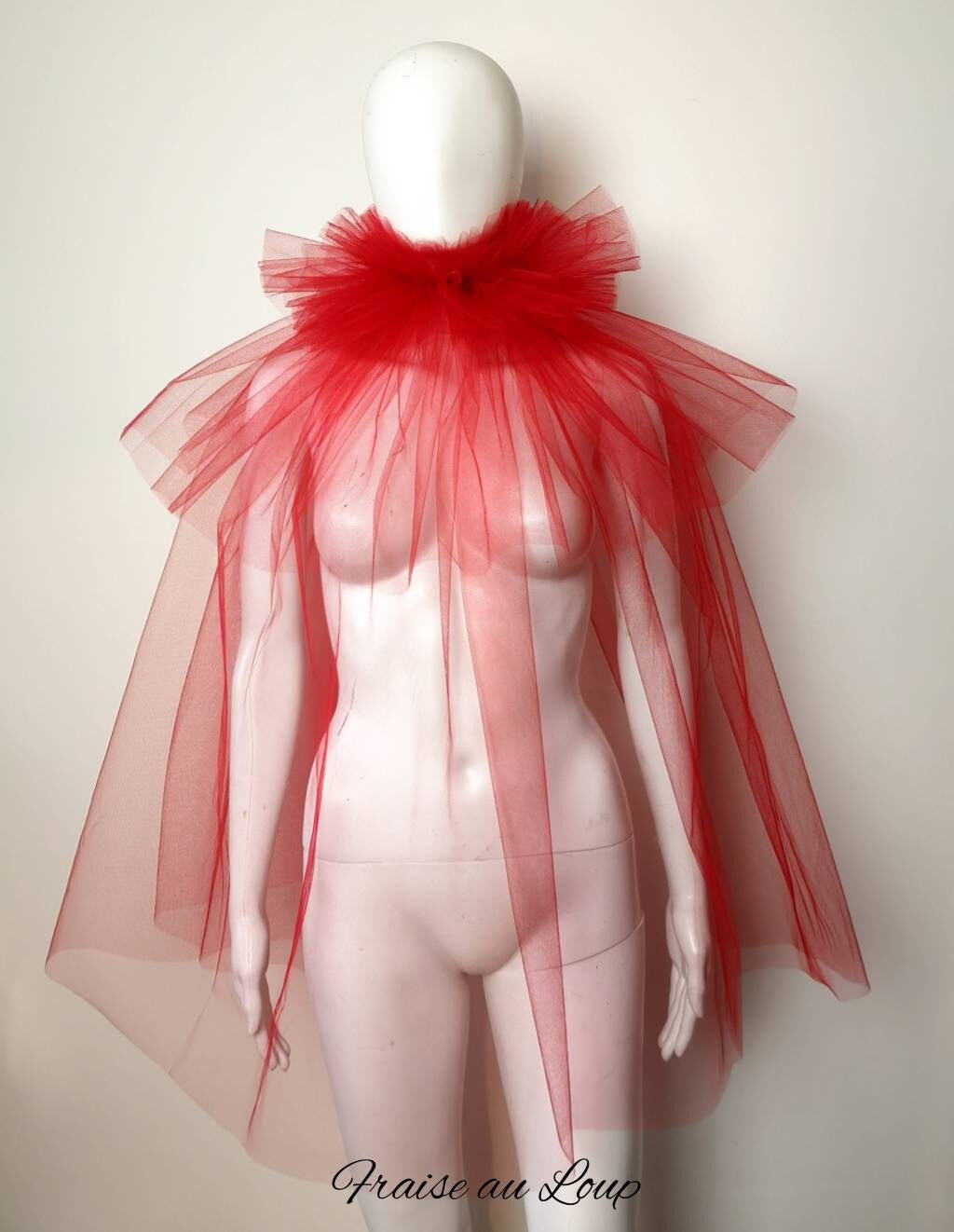 Col fraise en tulle rouge - Pierrot costume - col renaissance - cape- clown- unisexe - burlesque