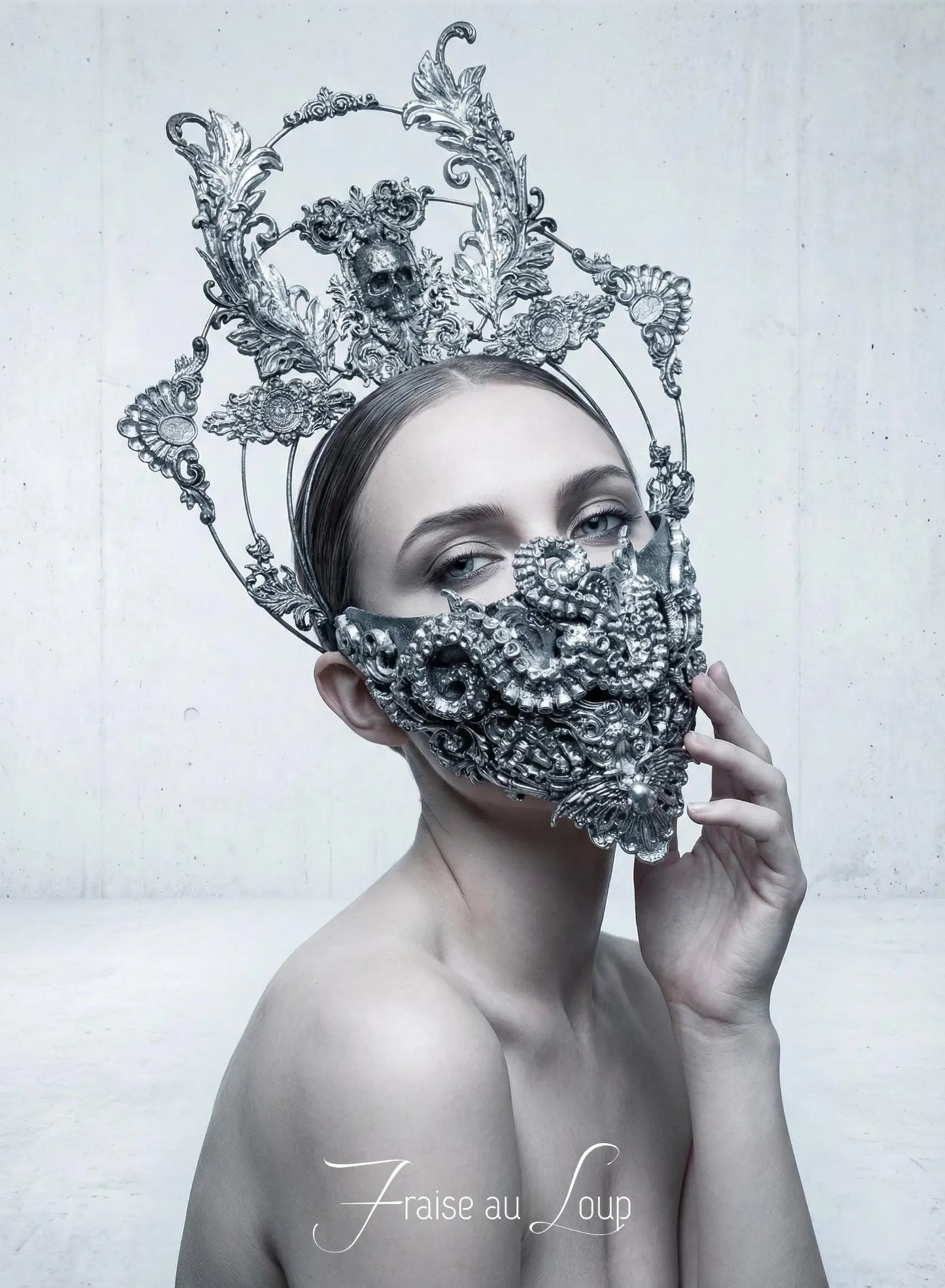 Masque et Couronne Halo "Abysses Baroques" - Argent Vieilli, Crâne et Tentacules - Accessoire Gothique Dark Fantasy pour Shooting et Cosplay