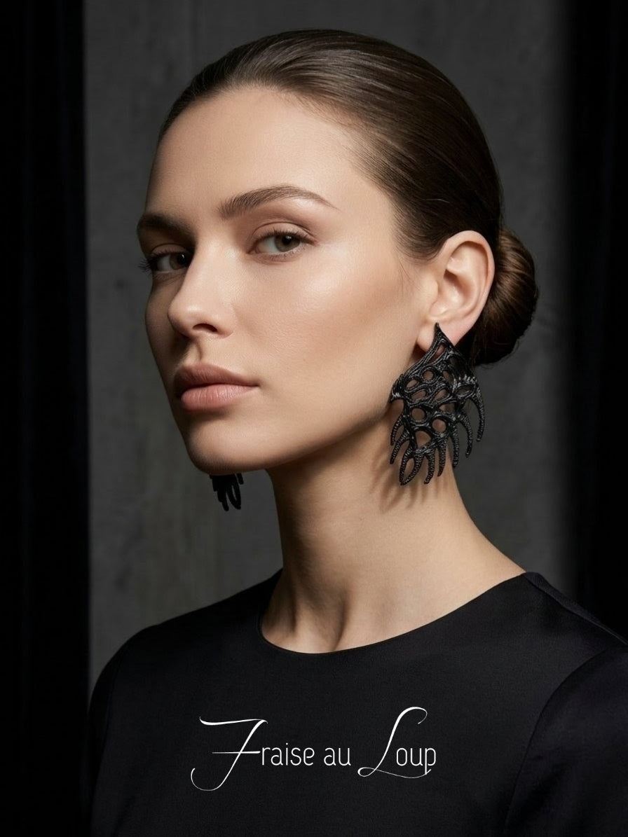 Boucles d'Oreilles XXL Noires Avant-Garde | Ailes Organiques Gothique Dark Fantasy | Bijoux Dentelle 3D Acier Inoxydable | Pièce Unique