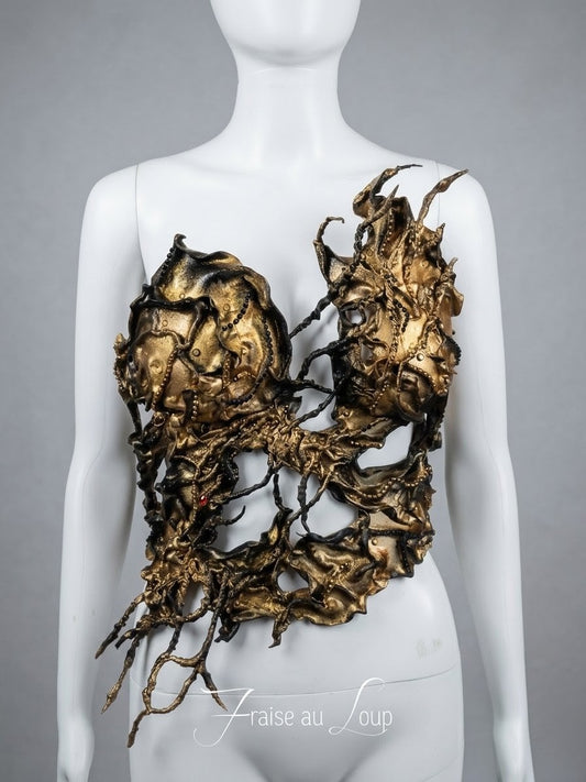 Buste Armure Végétale Or et Noir | Corset Organique Sculpté Fait Main | Costume Dryade, Sorcière, GN et Fantasy | Pièce Unique