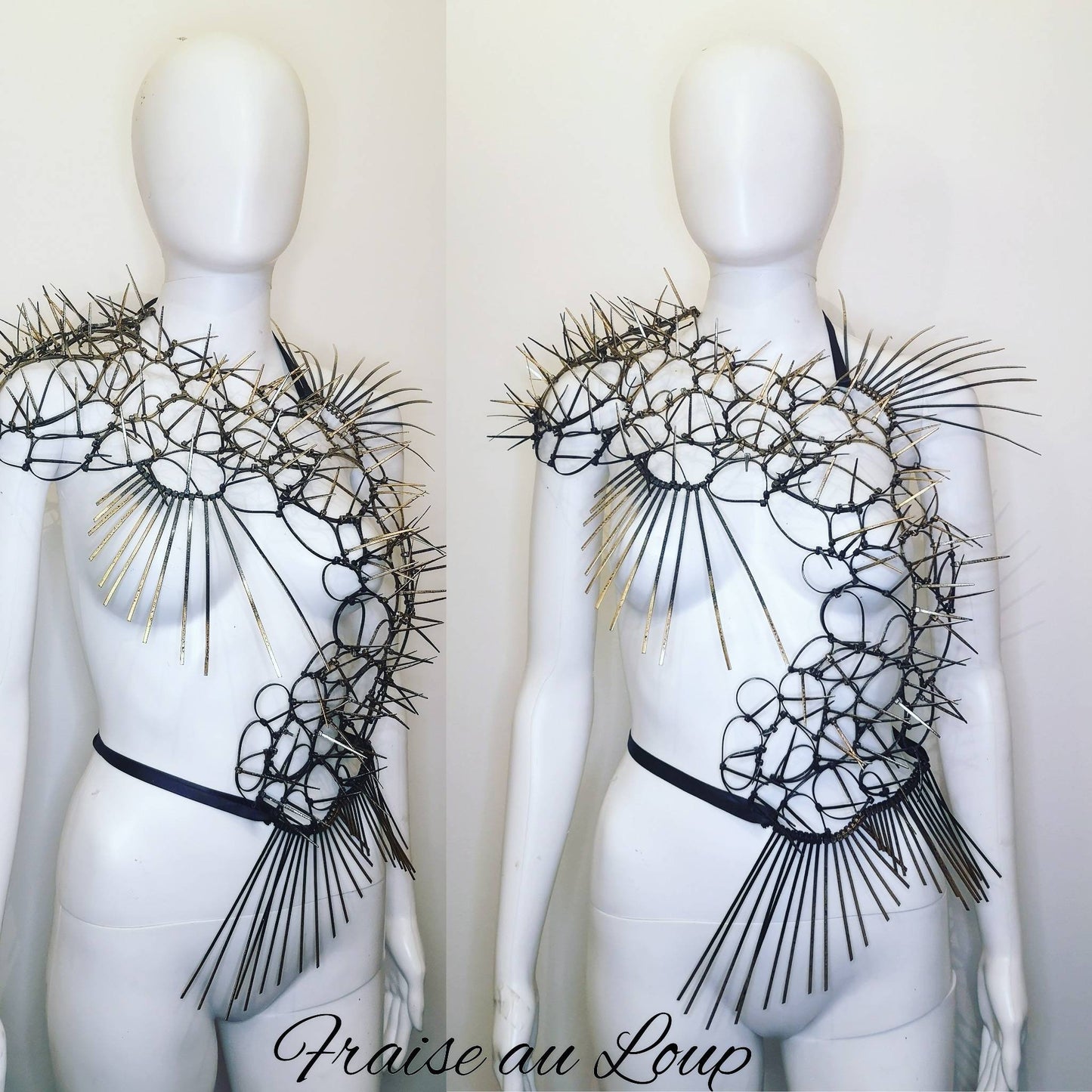 Body Cage - Costume - Harnais - Bal Gala - Couture - zip ties design- futuristic wig - avant garde fashion - Fraise au Loup