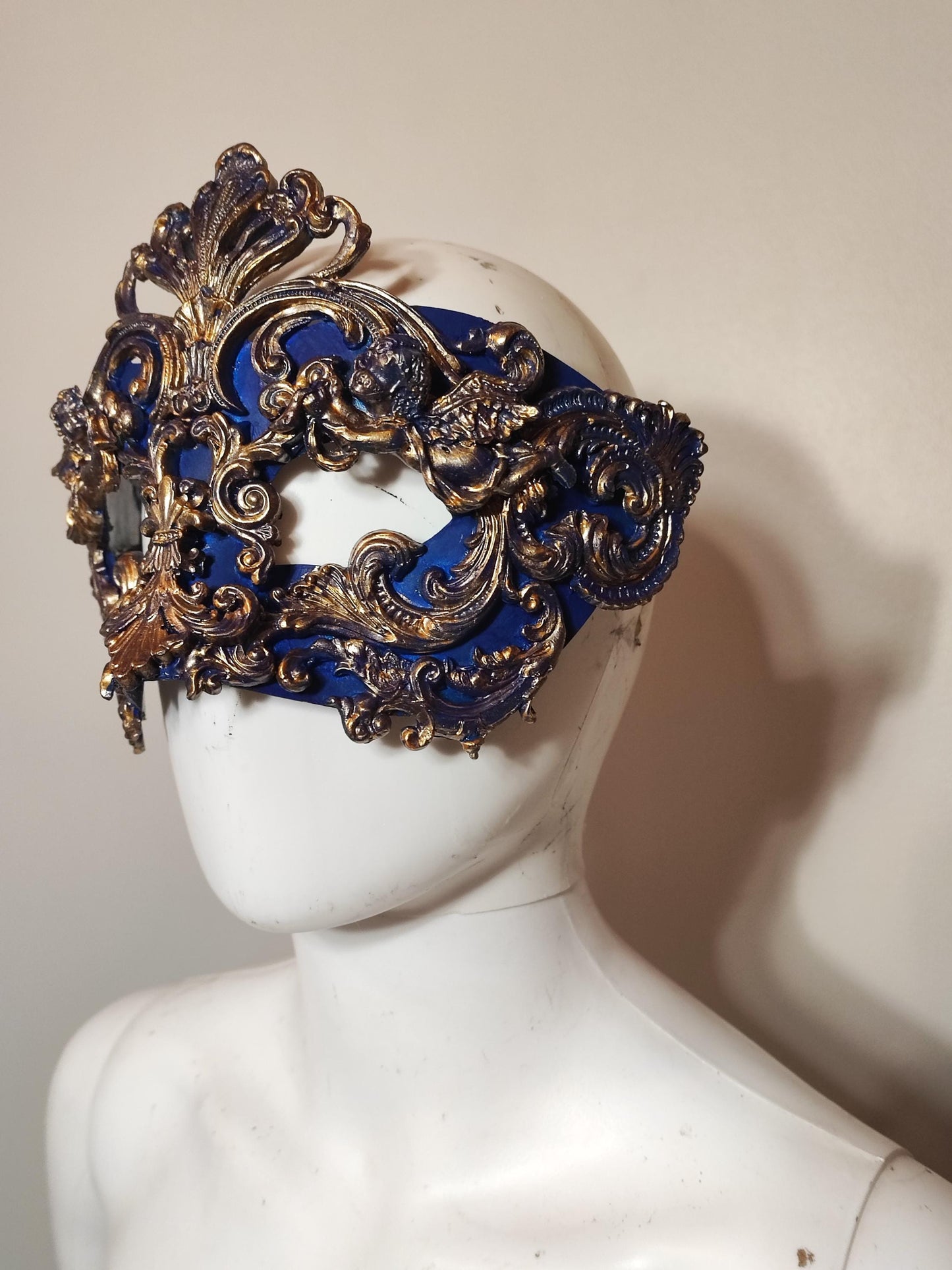 Masque loup baroque Mascarade Carnaval gothique. Ange or et bleu