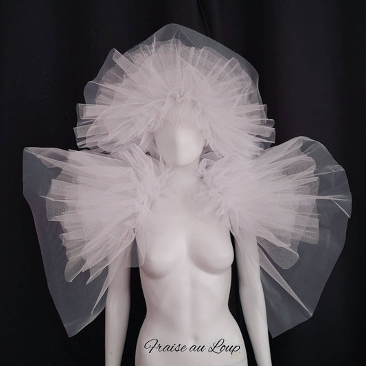 boléro et couronne. Ensemble en tulle Pierrot circus - elizabethan neck ruff costume - unisex - collar - romantique costume- mariage