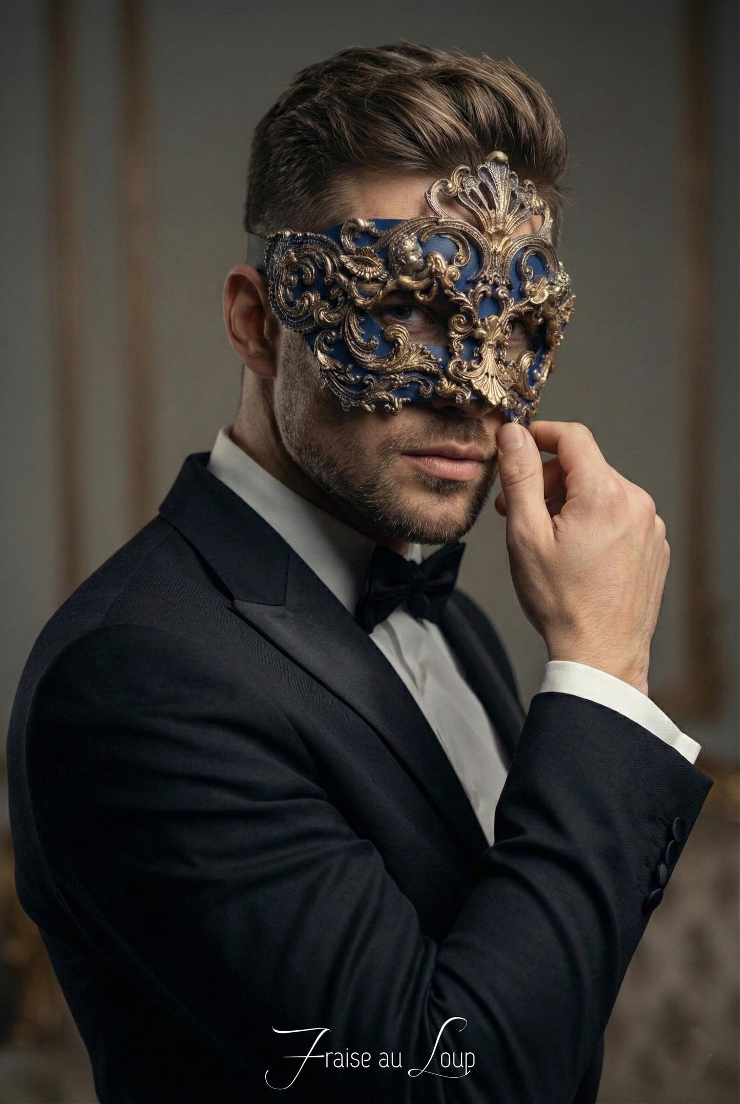 Masque loup baroque Mascarade Carnaval gothique. Ange or et bleu