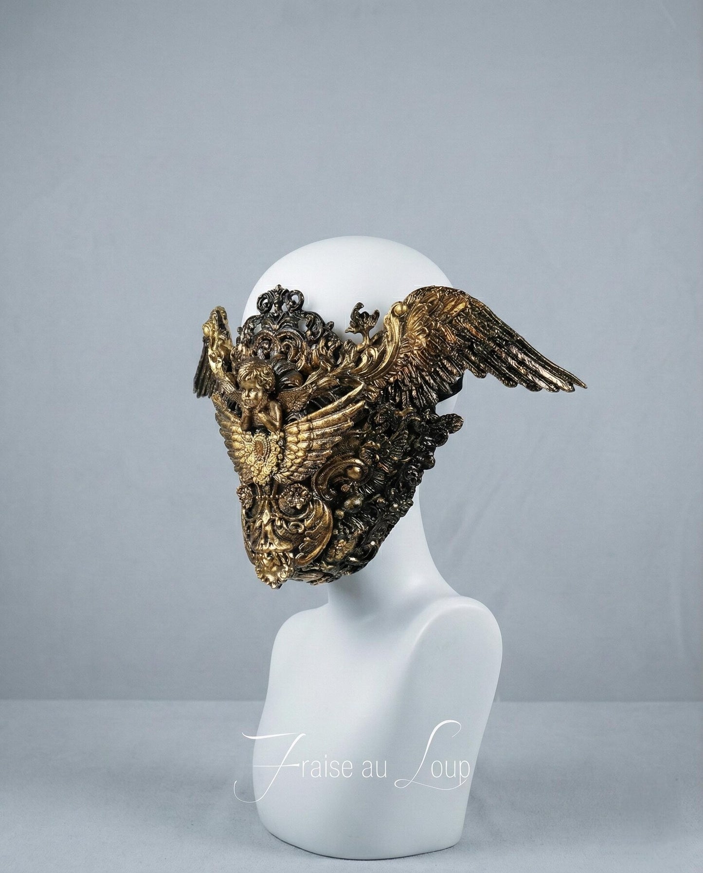 Masque Bas du Visage Baroque Or - Armure Faciale Ailes et Chérubin en Thermoplastique
