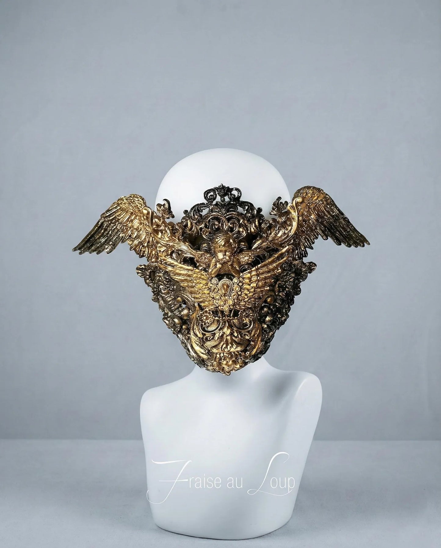 Masque Bas du Visage Baroque Or - Armure Faciale Ailes et Chérubin en Thermoplastique
