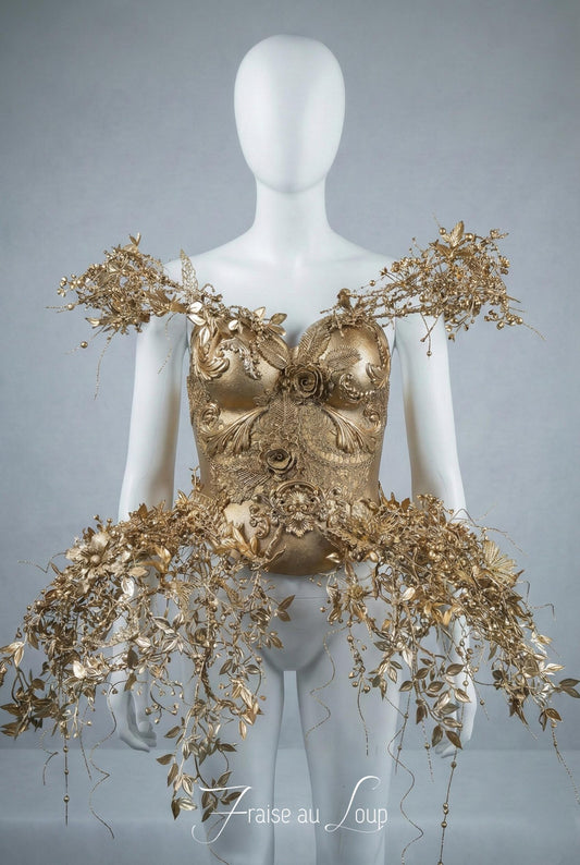 Bustier armure floral en thermoplastique doré orné de roses et de branches de feuillage retombantes sur un mannequin