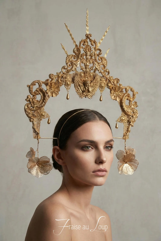 Couronne Halo "Aura Céleste" - Diadème Solaire Or avec Chérubin et Fleurs Suspendues - Coiffe Mariage Baroque & Shooting Éditorial de Luxe