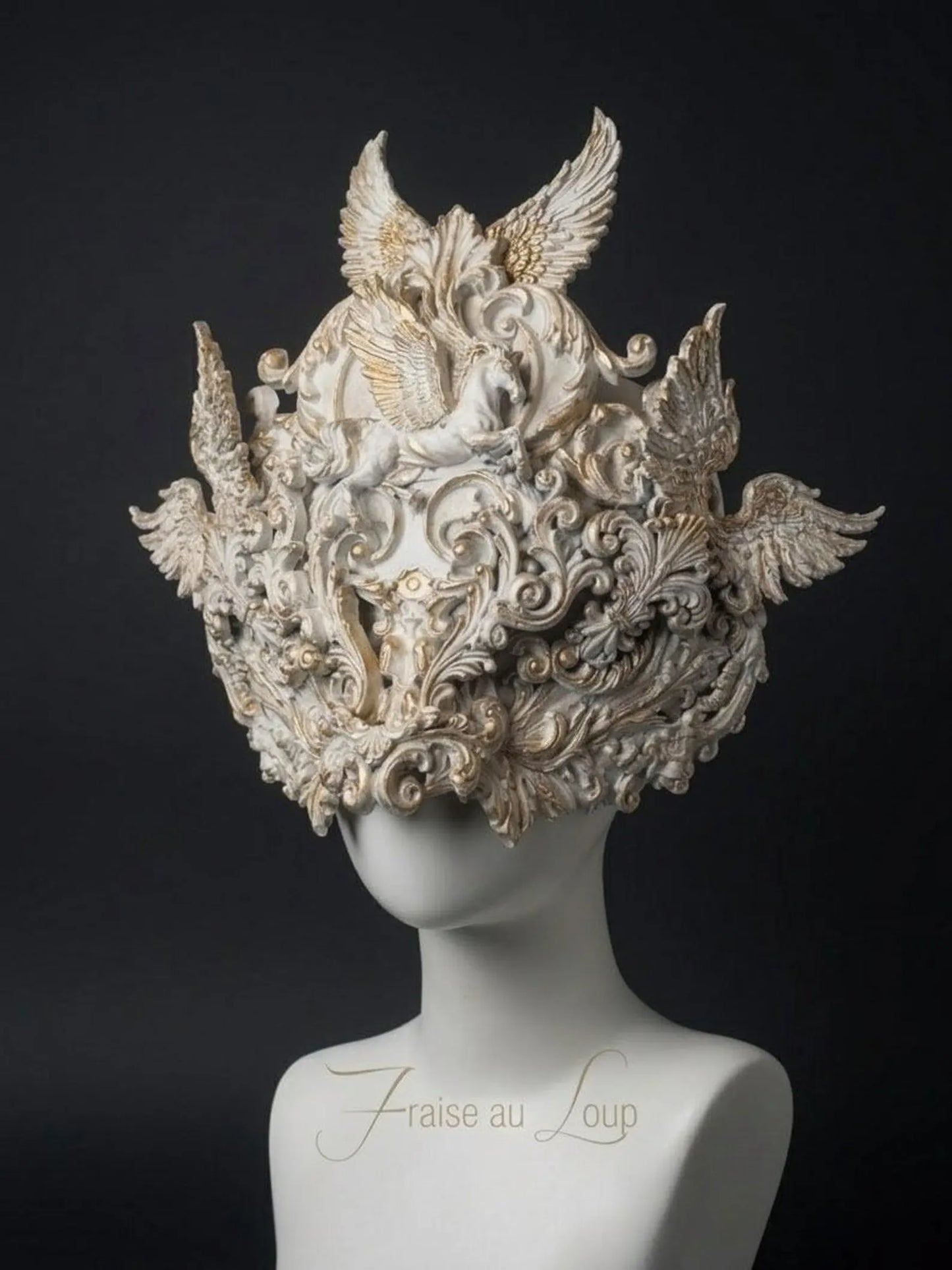 Masque Baroque blanc et Or "Pégase " - Mascarade de Luxe & Diadème Haute Couture - Carnaval - Style Élisabéthain. Unique . Prêt à expédier
