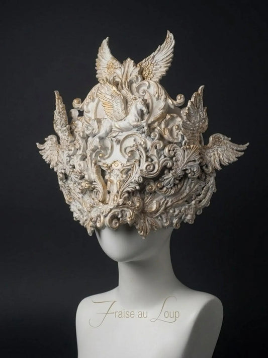 Masque Baroque blanc et Or "Pégase " - Mascarade de Luxe & Diadème Haute Couture - Carnaval - Style Élisabéthain. Unique . Prêt à expédier