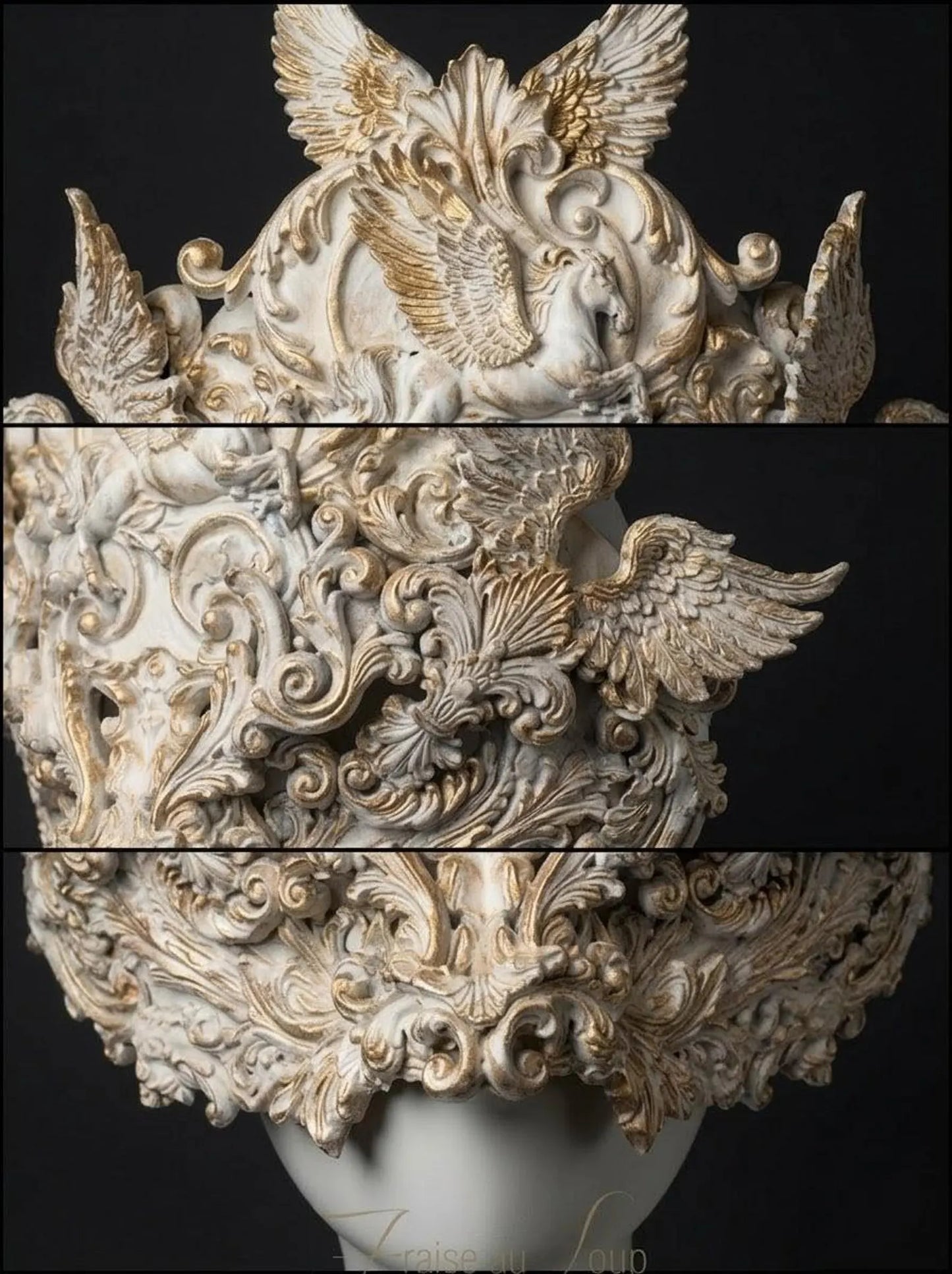 Masque Baroque blanc et Or "Pégase " - Mascarade de Luxe & Diadème Haute Couture - Carnaval - Style Élisabéthain. Unique . Prêt à expédier