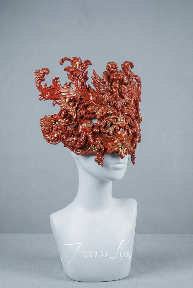 Masque Baroque Rouge et Or "Le Chérubin Écarlate" - Mascarade de Luxe & Diadème Haute Couture - Carnaval - Style Élisabéthain