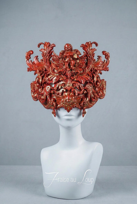 Masque Baroque Rouge et Or "Le Chérubin Écarlate" - Mascarade de Luxe & Diadème Haute Couture - Carnaval - Style Élisabéthain