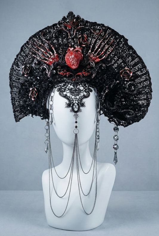 Coiffe Halo Dragon Gothique Cosplay Fantasy Avant Garde Burning Man dark. Coeur. Squelette. Bijoux. Création unique prête à expédier