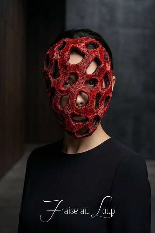 Masque Intégral unisexe Rouge Organique Fait Main | Masque Alvéolaire Avant-Garde Sculptural Rigide et Légèr Shooting, pièce unique