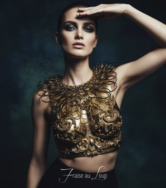 Armure Corset Fantasy - Création Fraise au Loup - gold - Dance - Fashion - Carnaval Bal costume Filigranes dorés