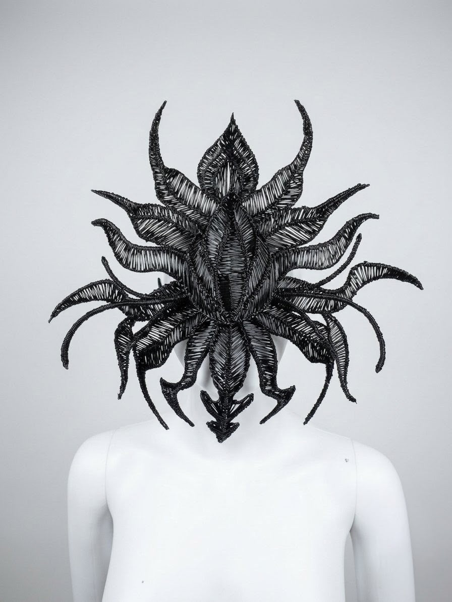 Masque Intégral Noir Avant-Garde unisexe Coiffe Dark Fantasy Alien et Organique | Masque Haute Couture Stylo 3D | Pièce Unique Wearable Art