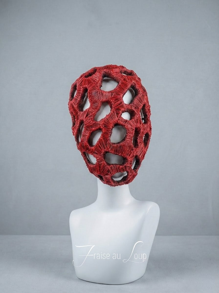 Masque Intégral unisexe Rouge Organique Fait Main | Masque Alvéolaire Avant-Garde Sculptural Rigide et Légèr Shooting, pièce unique