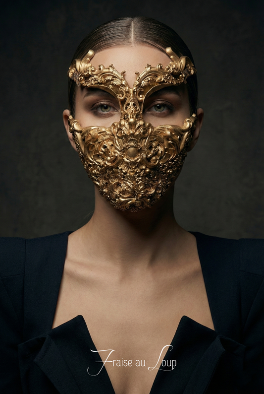 Masque Or Baroque "L'Intrigante" - Sculpture Faciale en Filigrane - Accessoire Haute Couture & Mascarade de Luxe