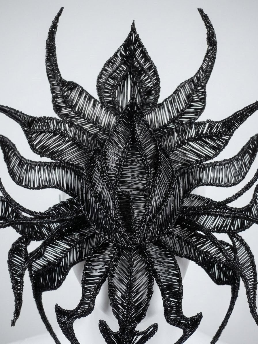 Masque Intégral Noir Avant-Garde unisexe Coiffe Dark Fantasy Alien et Organique | Masque Haute Couture Stylo 3D | Pièce Unique Wearable Art