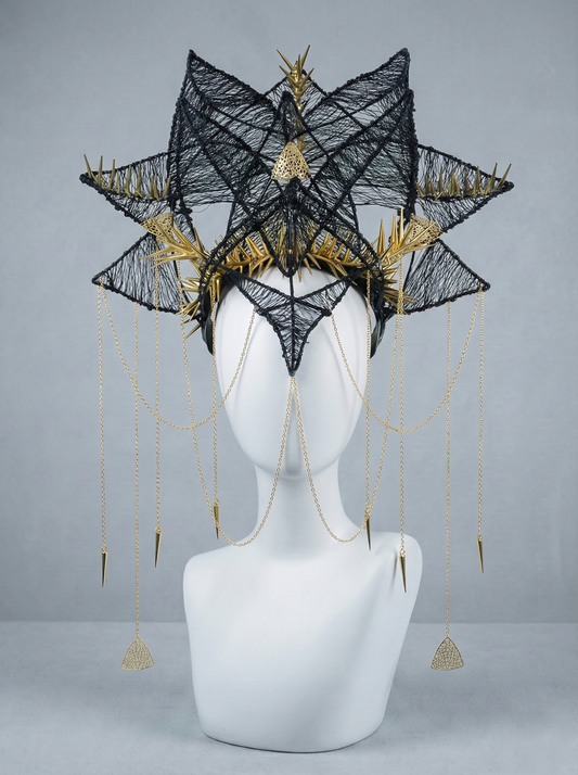 Coiffe Madone Halo Dark Couronne Noire et Or Bijou Headdress Showgirl Cabaret