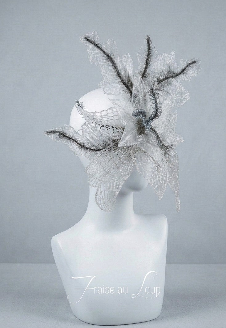 Masque unisexe Féérique Floral Argenté et Translucide | Coiffe Elfe Fantaisie Fait Main | Masque Couture Onirique Prêt à Expédier