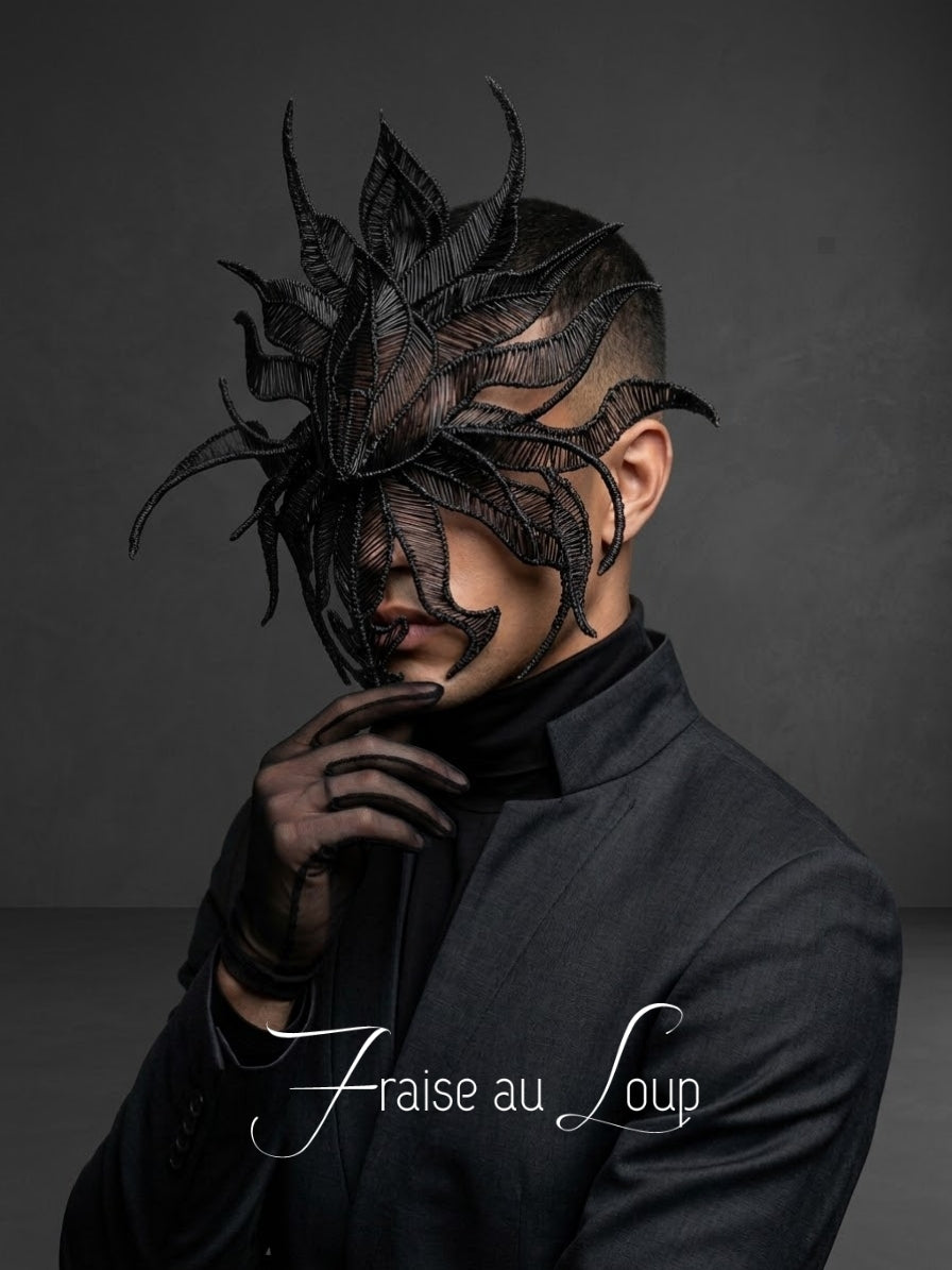 Masque Intégral Noir Avant-Garde unisexe Coiffe Dark Fantasy Alien et Organique | Masque Haute Couture Stylo 3D | Pièce Unique Wearable Art