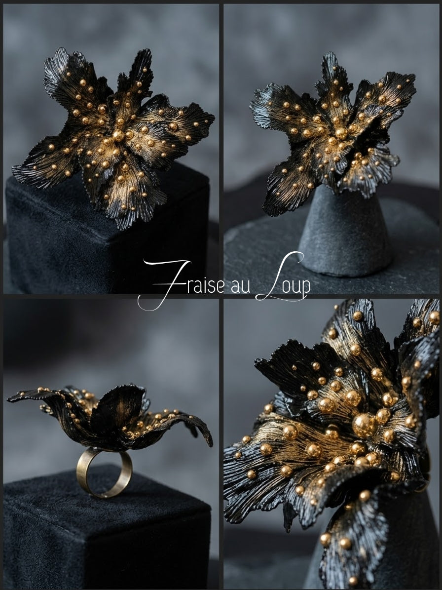 Bague Fleur Noire et Or - Création Artisanale Baroque / Dark Fantasy