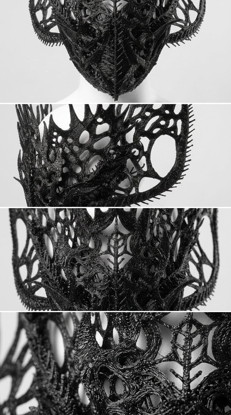 Masque Alien Exosquelette Noir | Coiffe Symbiote Dentelle 3D | Masque Dark Fantasy Gothique Halloween | Pièce Unique Wearable Art
