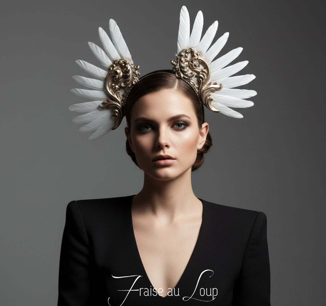 Coiffe couronne Céleste, zip tie, Festival costume, filigranes, diadème, couronne  plumes blanches Coiffure mariage - Met Gala