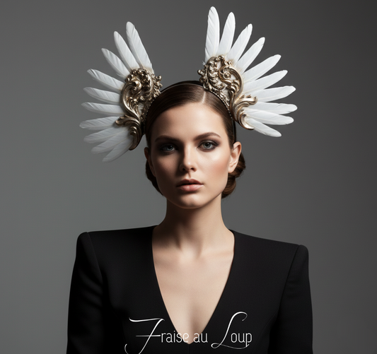 Coiffe couronne Céleste, zip tie, Festival costume, filigranes, diadème, couronne  plumes blanches Coiffure mariage - Met Gala
