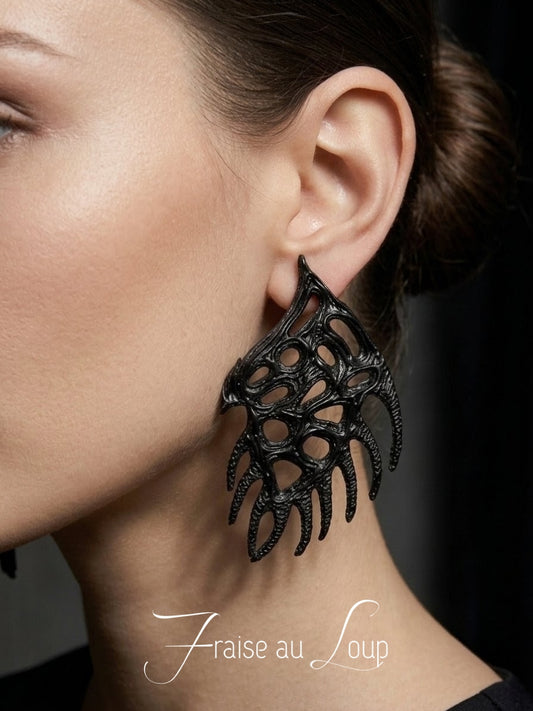 Boucles d'Oreilles XXL Noires Avant-Garde | Ailes Organiques Gothique Dark Fantasy | Bijoux Dentelle 3D Acier Inoxydable | Pièce Unique