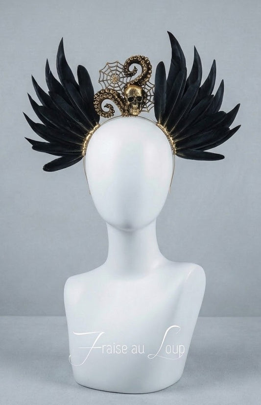 Coiffe "Abysses Macabres" - Couronne Plumes Noires, Crâne & Tentacules