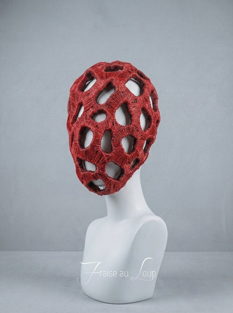 Masque Intégral unisexe Rouge Organique Fait Main | Masque Alvéolaire Avant-Garde Sculptural Rigide et Légèr Shooting, pièce unique