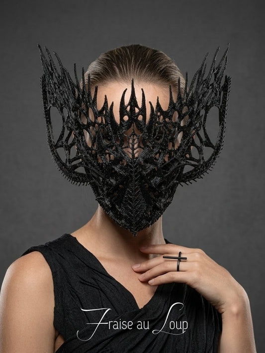 Masque Alien Exosquelette Noir | Coiffe Symbiote Dentelle 3D | Masque Dark Fantasy Gothique Halloween | Pièce Unique Wearable Art