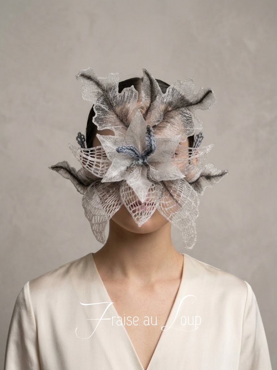 Masque unisexe Féérique Floral Argenté et Translucide | Coiffe Elfe Fantaisie Fait Main | Masque Couture Onirique Prêt à Expédier
