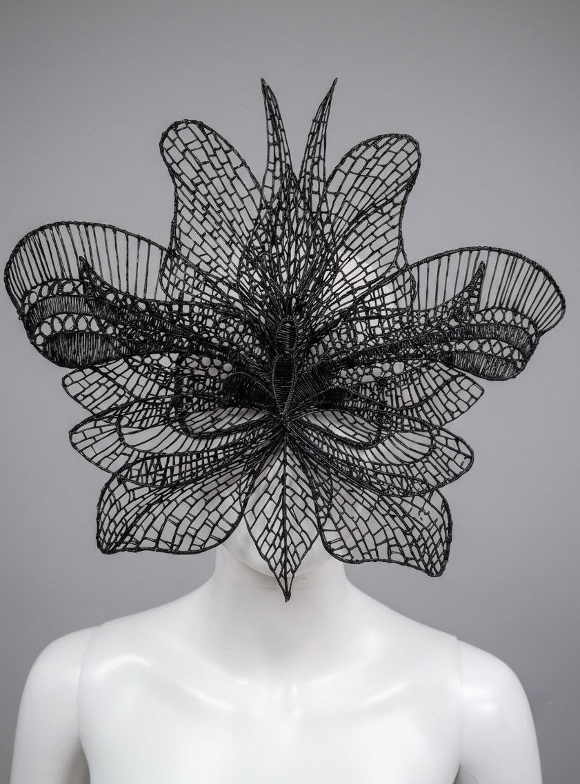 Masque Papillon Noir Dentelle 3D | Coiffe Ailes d'Insecte Filigrane | Masque Avant-Garde Dark Fantasy | Pièce Unique Wearable Art