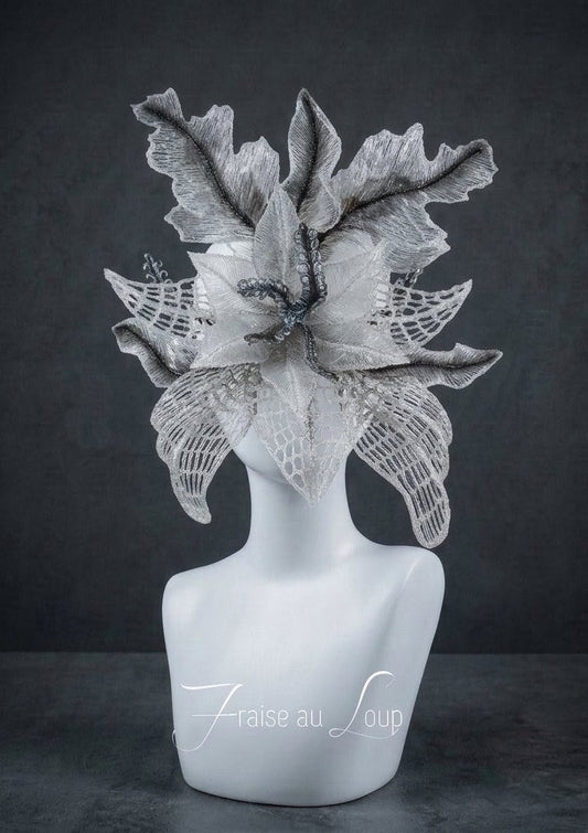 Masque unisexe Féérique Floral Argenté et Translucide | Coiffe Elfe Fantaisie Fait Main | Masque Couture Onirique Prêt à Expédier
